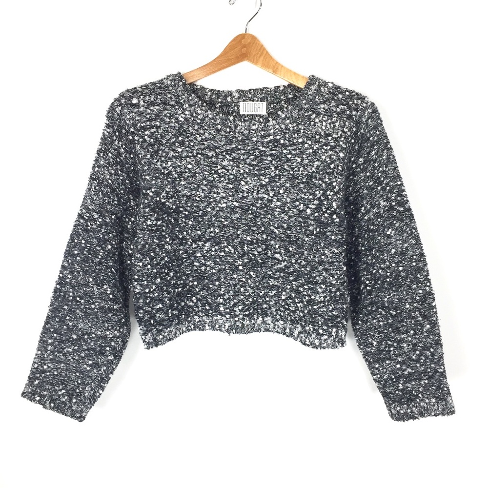NOUGAT Women's Melange Grey Shimmer Crop Boxy Fit Long Sleeve Sweater O/S